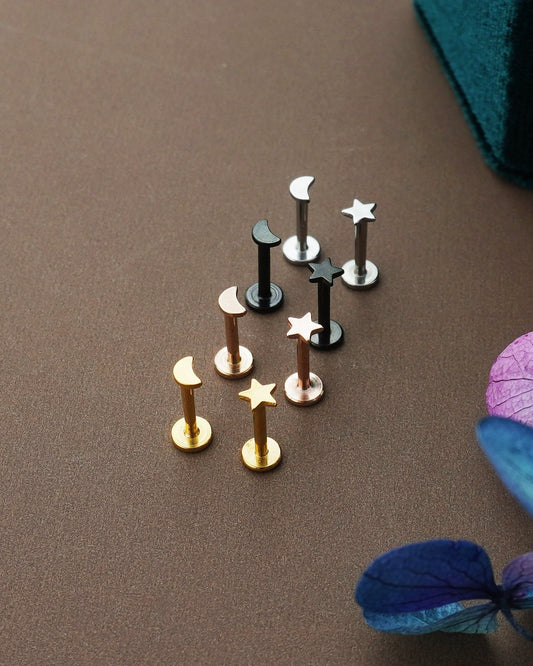 Pair of Tiny Star and Crescent Moon Stainless Steel Stud Earrings in Steel, Black, Gold or Rose Gold, Flat Screw Back, 6mm or 8mm post
