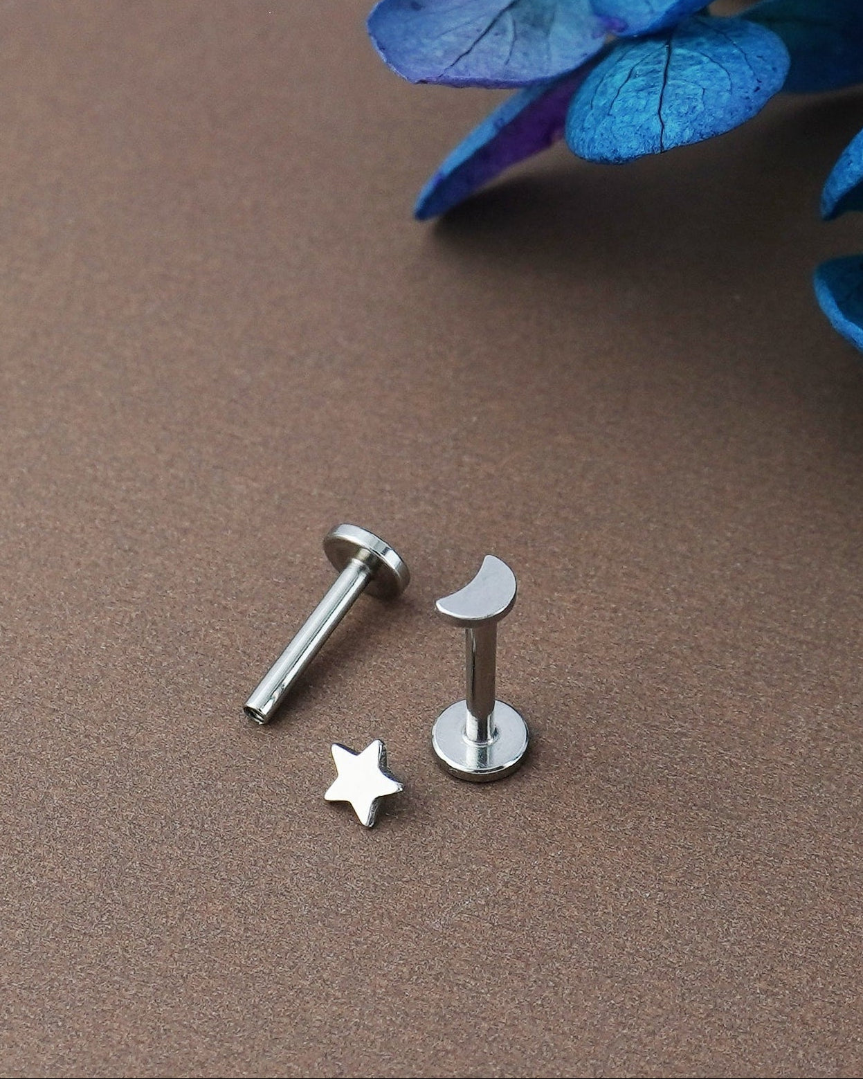 Pair of Tiny Star and Crescent Moon Stainless Steel Stud Earrings in Steel, Black, Gold or Rose Gold, Flat Screw Back, 6mm or 8mm post