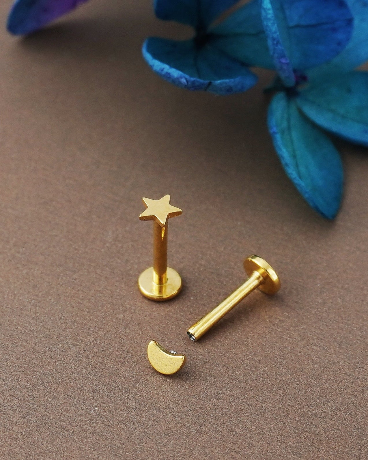 Pair of Tiny Star and Crescent Moon Stainless Steel Stud Earrings in Steel, Black, Gold or Rose Gold, Flat Screw Back, 6mm or 8mm post