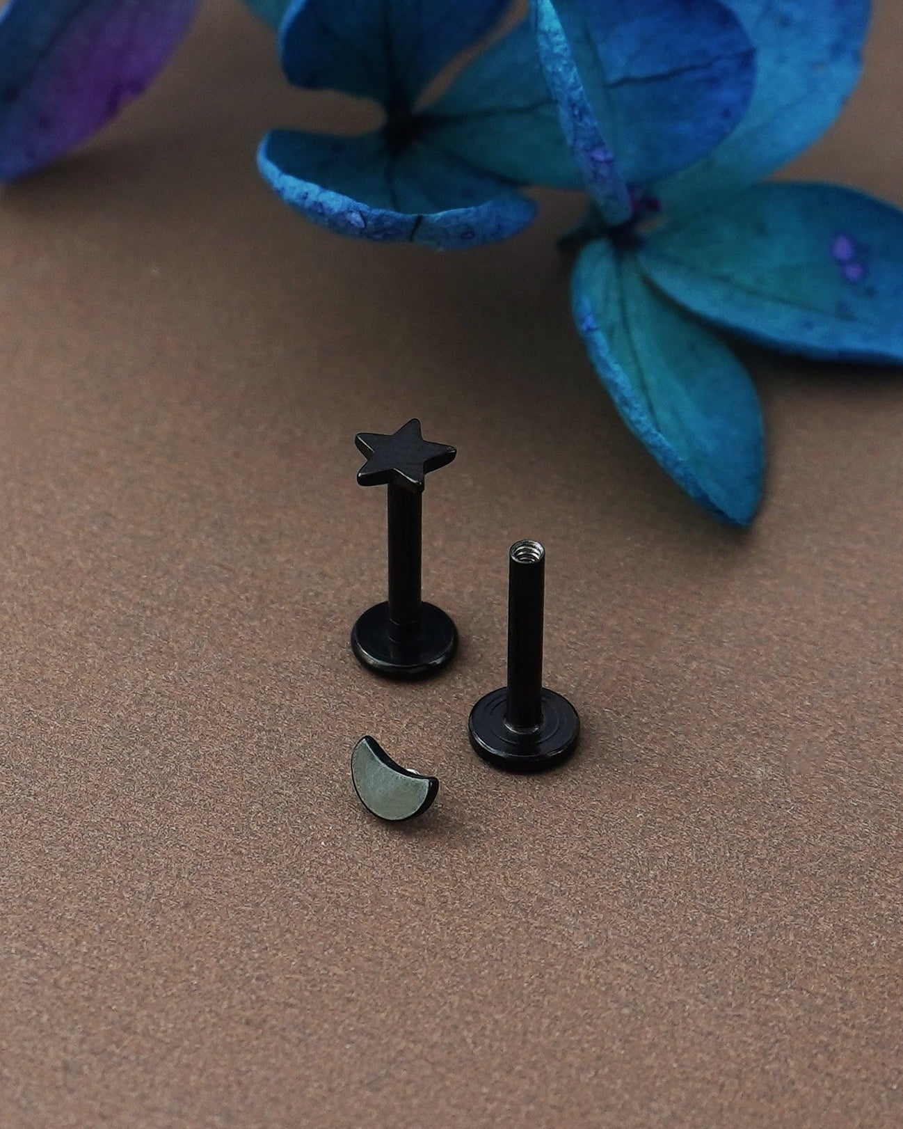 Pair of Tiny Star and Crescent Moon Stainless Steel Stud Earrings in Steel, Black, Gold or Rose Gold, Flat Screw Back, 6mm or 8mm post