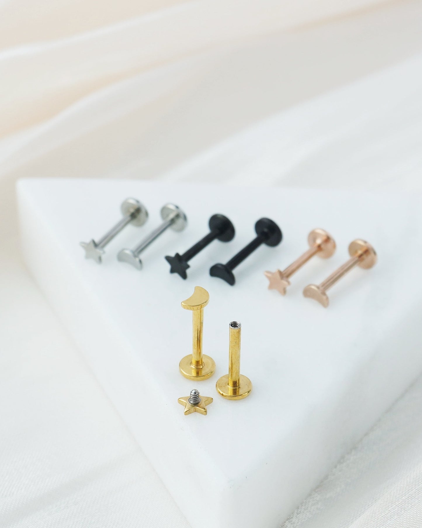 Pair of Tiny Star and Crescent Moon Stainless Steel Stud Earrings in Steel, Black, Gold or Rose Gold, Flat Screw Back, 6mm or 8mm post