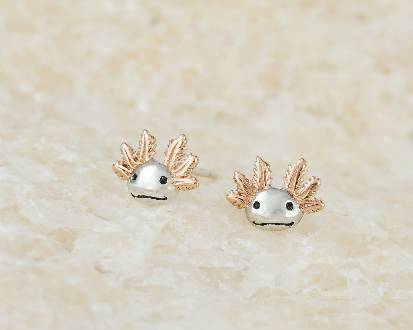 Pair of Tiny Axolotl Stud Earrings in Sterling Silver with Rose Gold Plated External Gill Stalk