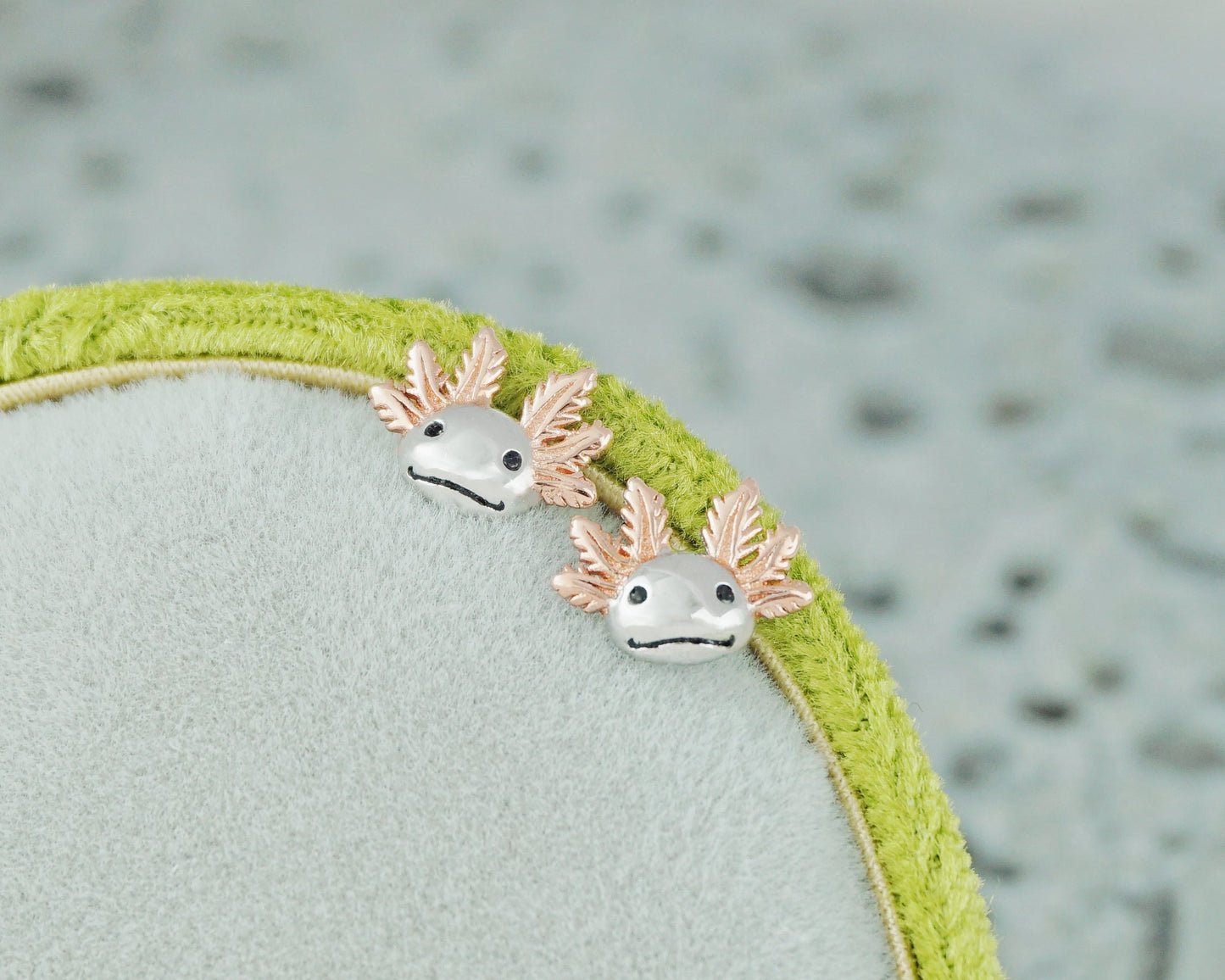 Pair of Tiny Axolotl Stud Earrings in Sterling Silver with Rose Gold Plated External Gill Stalk