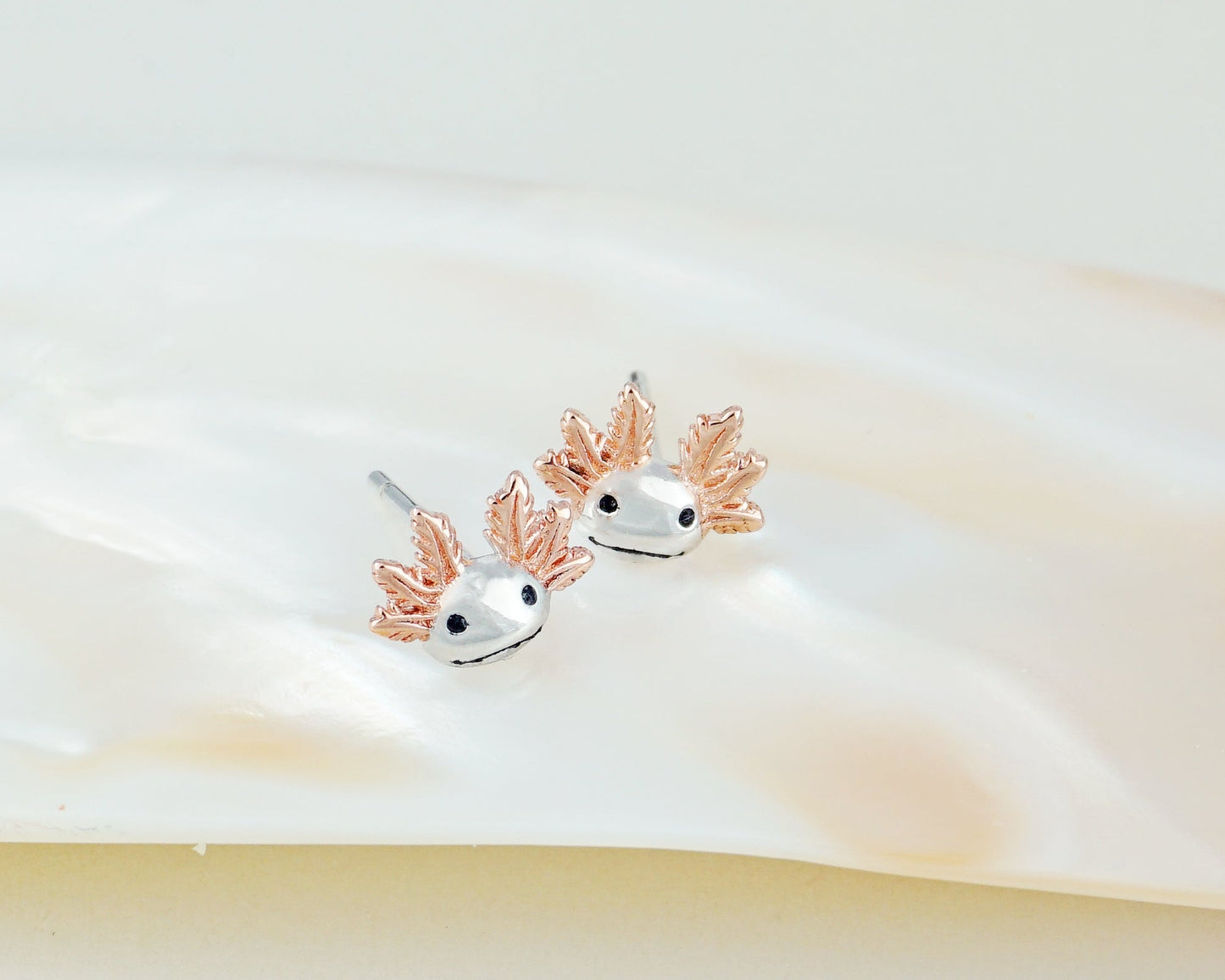 Pair of Tiny Axolotl Stud Earrings in Sterling Silver with Rose Gold Plated External Gill Stalk