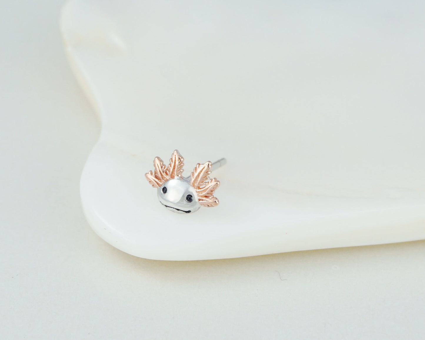 Pair of Tiny Axolotl Stud Earrings in Sterling Silver with Rose Gold Plated External Gill Stalk