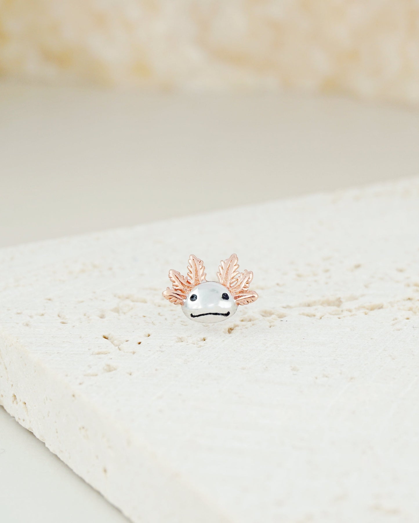 Pair of Tiny Axolotl Stud Earrings in Sterling Silver with Rose Gold Plated External Gill Stalk