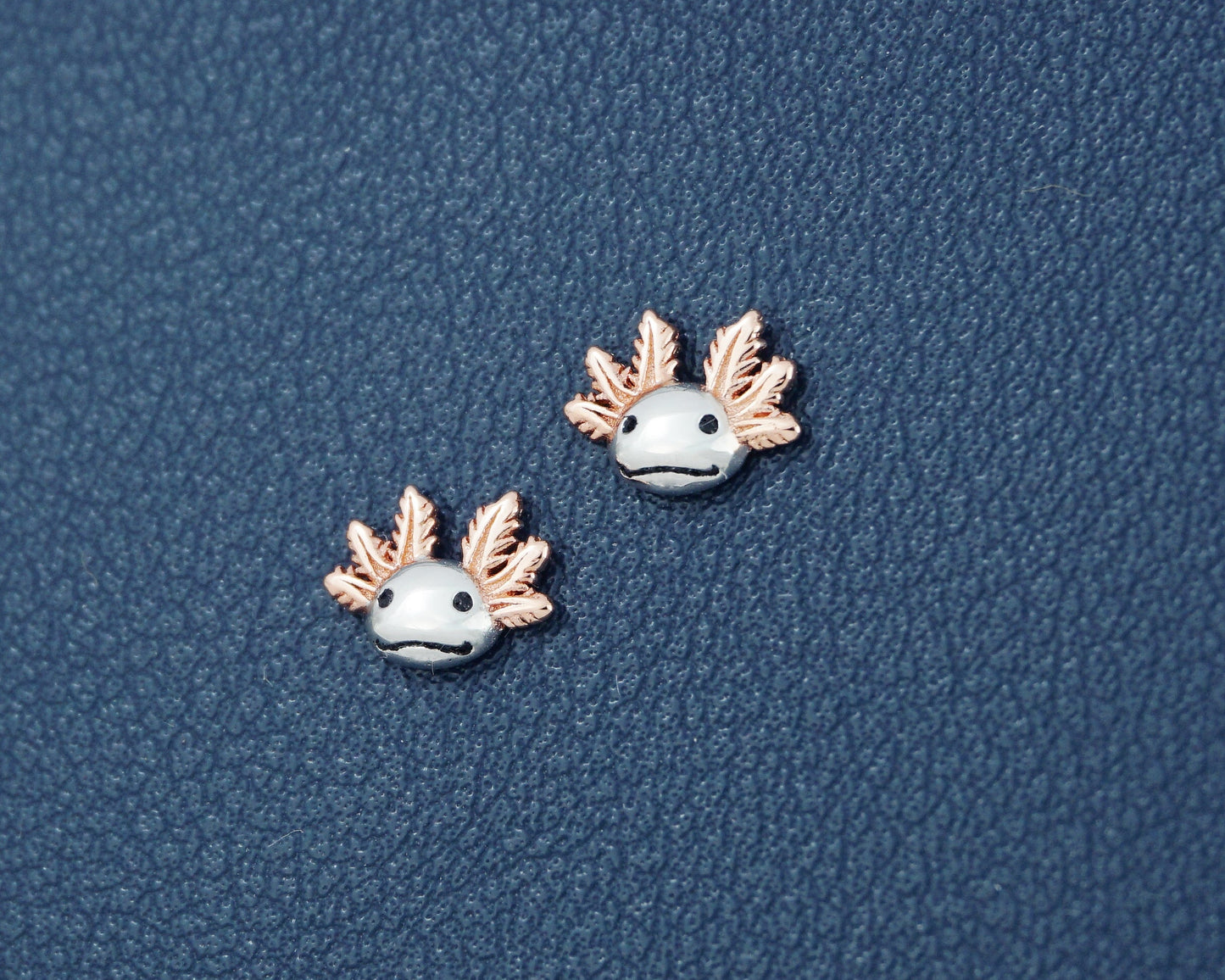 Pair of Tiny Axolotl Stud Earrings in Sterling Silver with Rose Gold Plated External Gill Stalk
