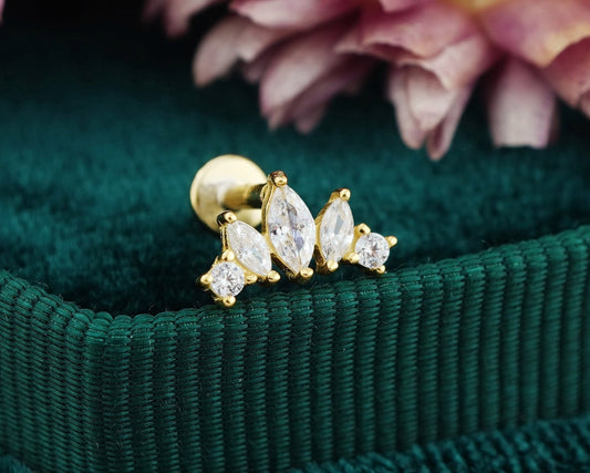 1 pc of Marquise-cut CZ Crown Shape Flat-back Stud Earring in Gold Plated over Sterling Silver, Helix Cartilage Lobe Piercing Jewelry