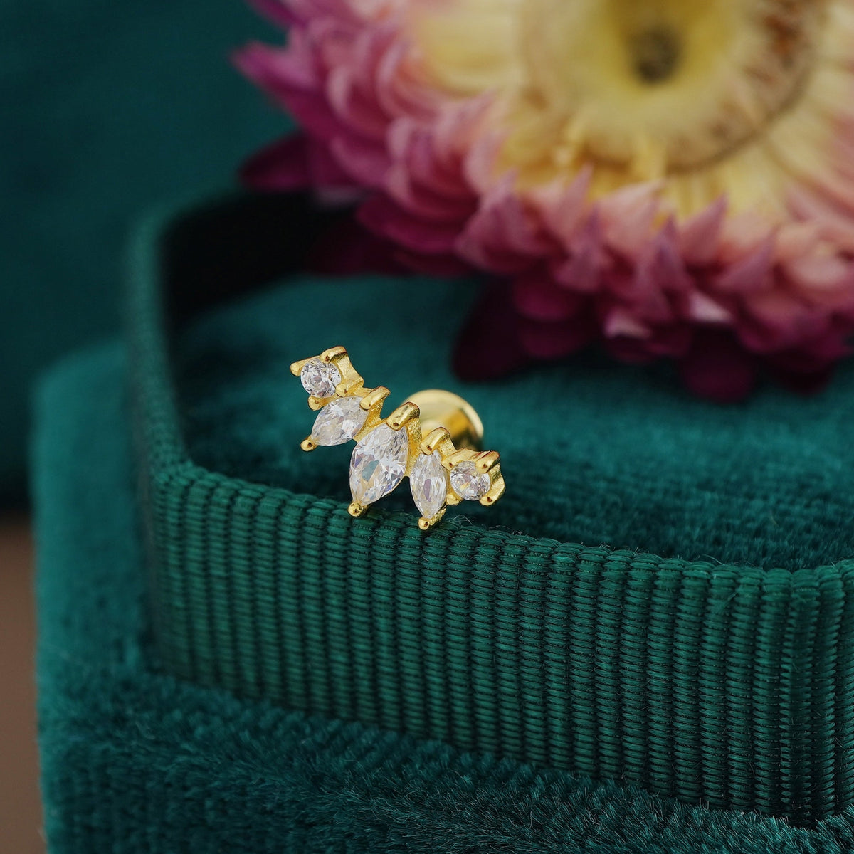 1 pc of Marquise-cut CZ Crown Shape Flat-back Stud Earring in Gold Plated over Sterling Silver, Helix Cartilage Lobe Piercing Jewelry