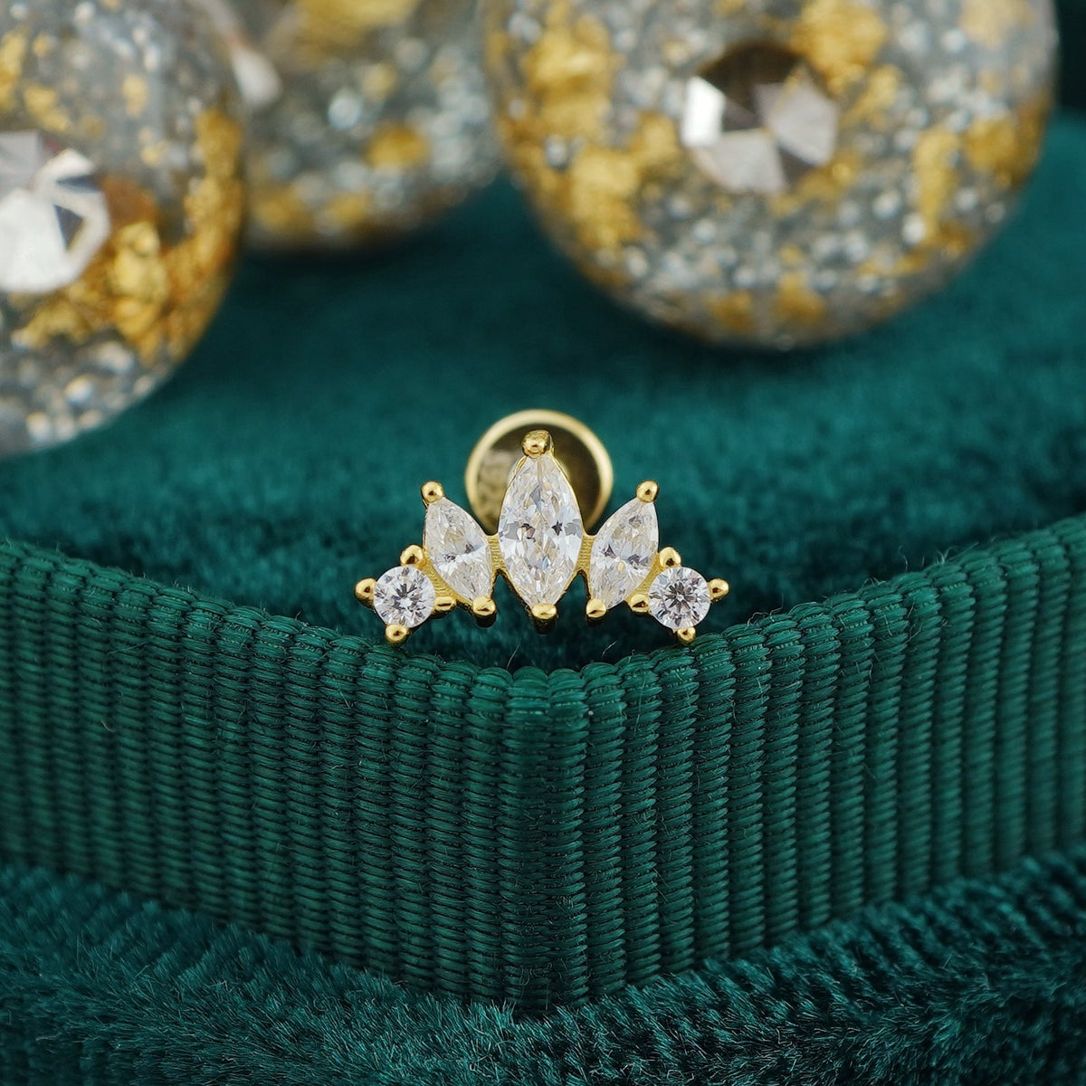 1 pc of Marquise-cut CZ Crown Shape Flat-back Stud Earring in Gold Plated over Sterling Silver, Helix Cartilage Lobe Piercing Jewelry
