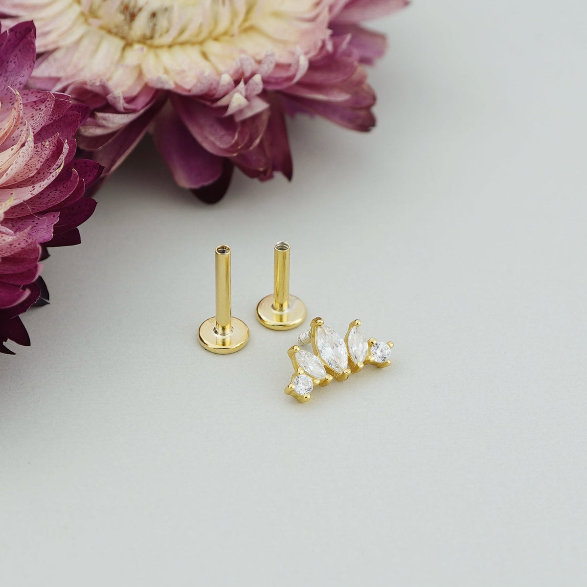 1 pc of Marquise-cut CZ Crown Shape Flat-back Stud Earring in Gold Plated over Sterling Silver, Helix Cartilage Lobe Piercing Jewelry
