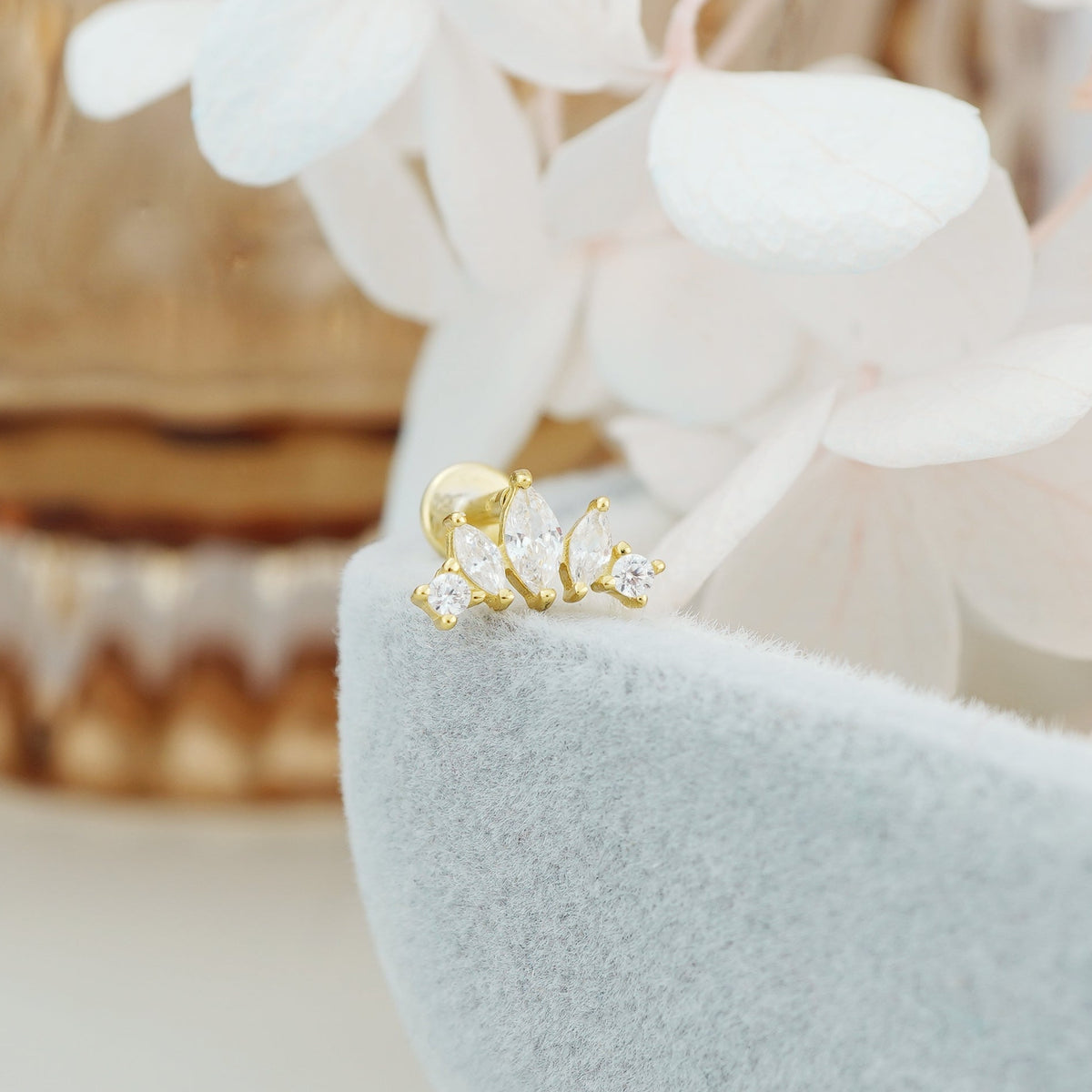 1 pc of Marquise-cut CZ Crown Shape Flat-back Stud Earring in Gold Plated over Sterling Silver, Helix Cartilage Lobe Piercing Jewelry