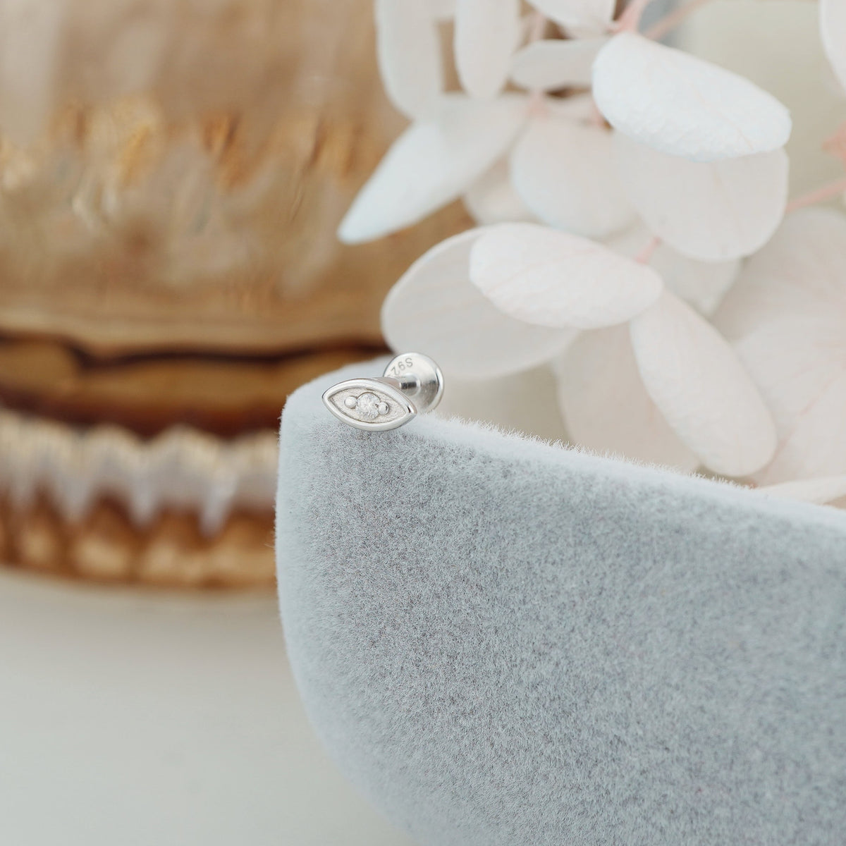 1 pc of Tiny Minimal Eye Stud Earring, Rhodium Plated Sterling Silver, Marquise-shaped with CZ,  Flat-back Helix Cartilage Lobe Piercing Jewelry