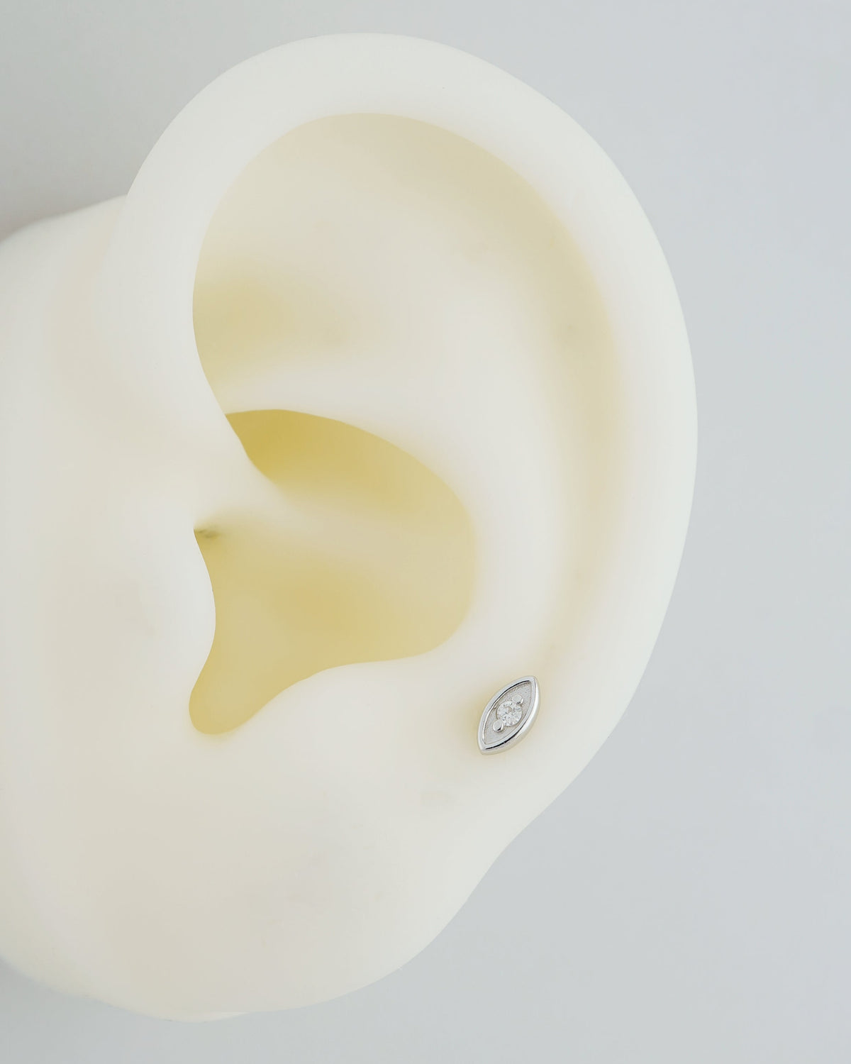 1 pc of Tiny Minimal Eye Stud Earring, Rhodium Plated Sterling Silver, Marquise-shaped with CZ,  Flat-back Helix Cartilage Lobe Piercing Jewelry