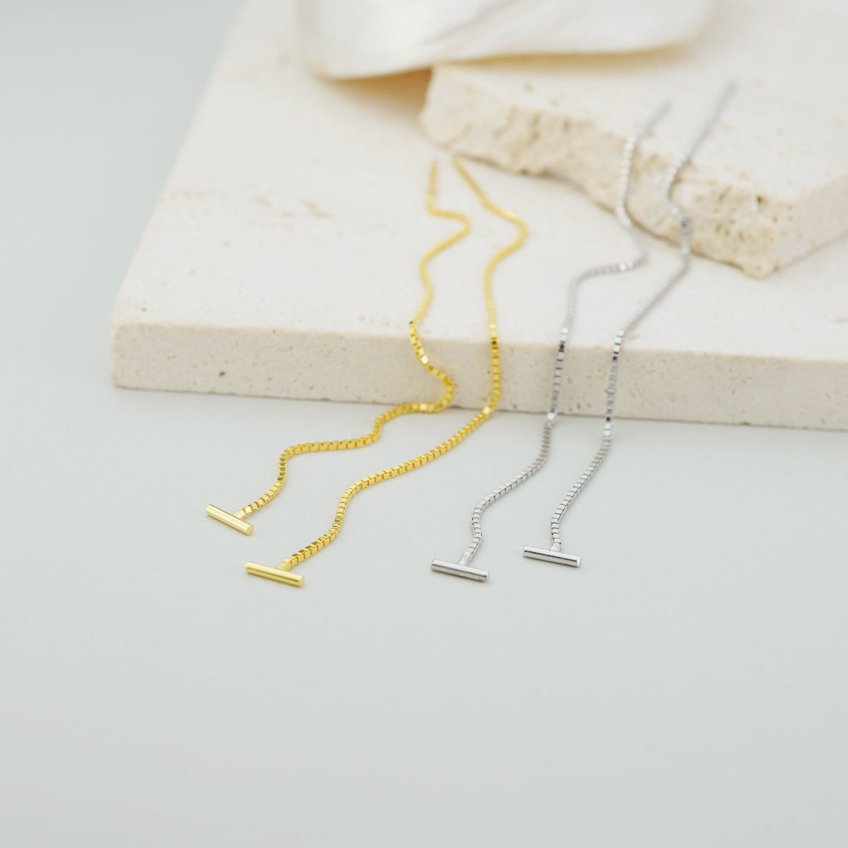 Pair of 5mm Short Bar Head Dangle Threader Earrings in Sterling Silver or Plated Gold, Dainty Dangly Chain, Minimal Delicate Ear Wire