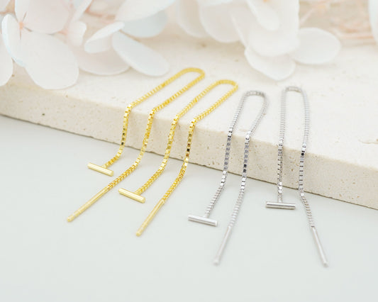 Pair of 5mm Short Bar Head Dangle Threader Earrings in Sterling Silver or Plated Gold, Dainty Dangly Chain, Minimal Delicate Ear Wire
