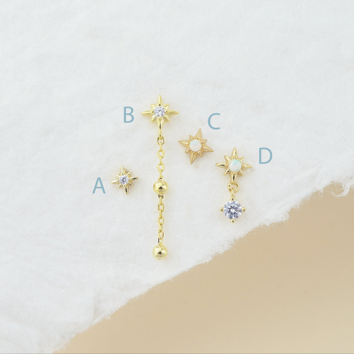 1 pc of CZ / Fire Opal Starburst Stud Earring in Gold Plated Sterling Silver, Delicate Stacking Cartilage Helix Lobe Piercing
