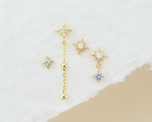 1 pc of CZ / Fire Opal Starburst Stud Earring in Gold Plated Sterling Silver, Delicate Stacking Cartilage Helix Lobe Piercing
