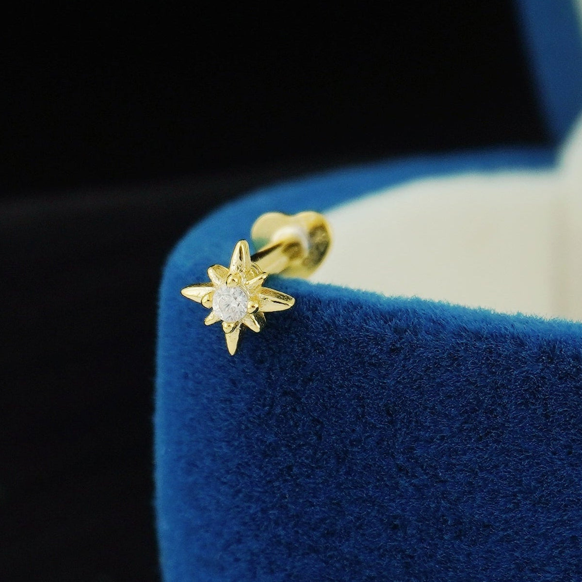 1 pc of CZ / Fire Opal Starburst Stud Earring in Gold Plated Sterling Silver, Delicate Stacking Cartilage Helix Lobe Piercing