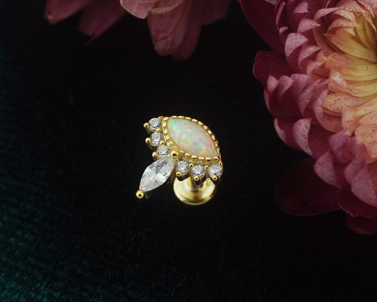 1 pc of Marquise Opal & CZ Stud Earring in 18ct Gold Plated over Sterling Silver, Tragus Cartilage Piercing Jewelry