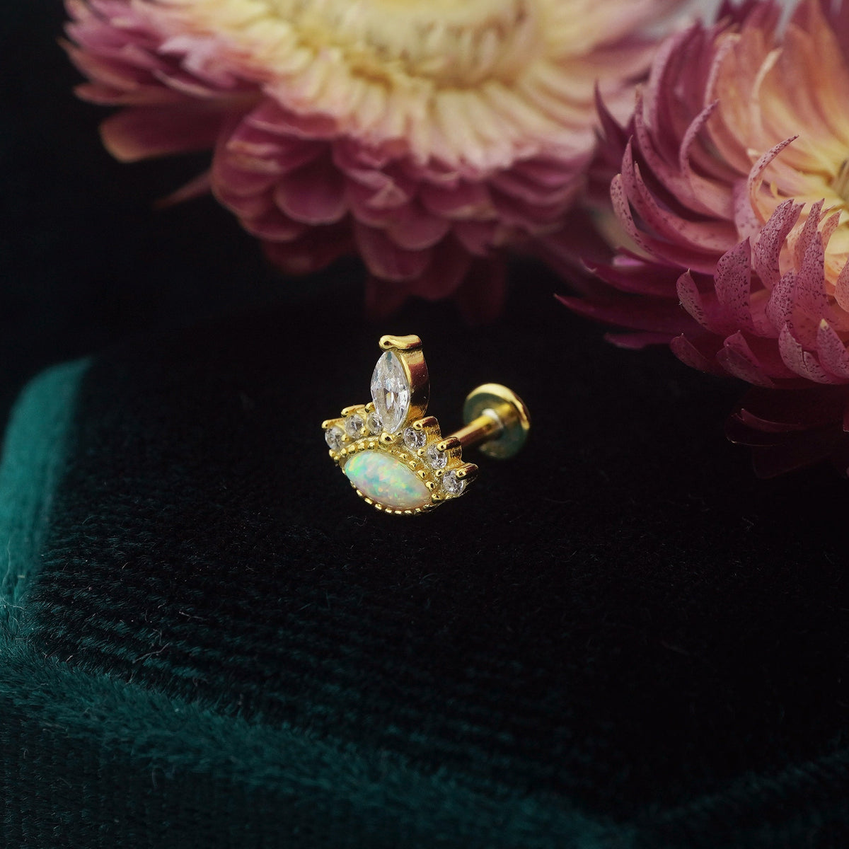 1 pc of Marquise Opal & CZ Stud Earring in 18ct Gold Plated over Sterling Silver, Tragus Cartilage Piercing Jewelry