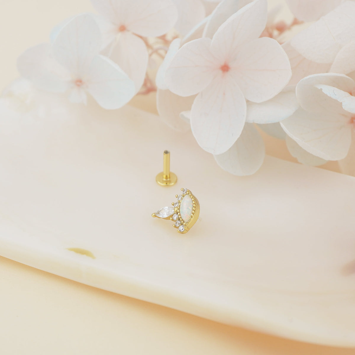 1 pc of Marquise Opal & CZ Stud Earring in 18ct Gold Plated over Sterling Silver, Tragus Cartilage Piercing Jewelry
