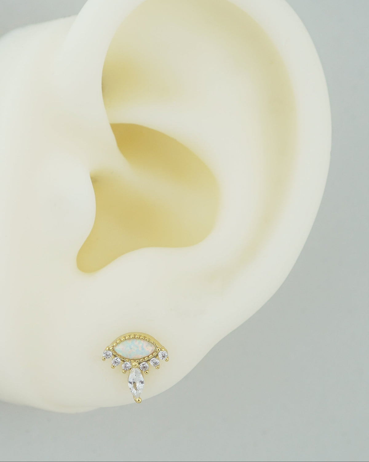 1 pc of Marquise Opal & CZ Stud Earring in 18ct Gold Plated over Sterling Silver, Tragus Cartilage Piercing Jewelry