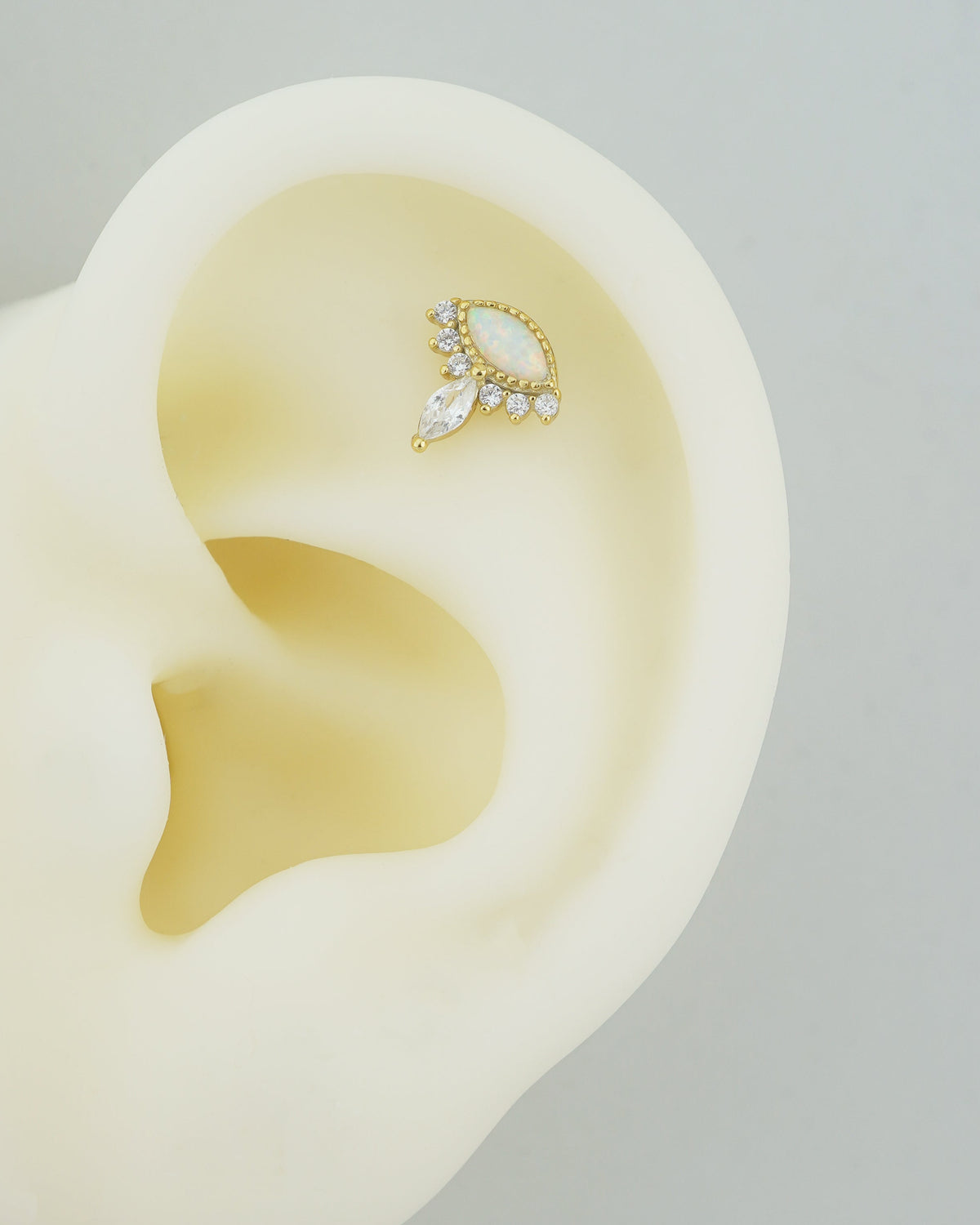 1 pc of Marquise Opal & CZ Stud Earring in 18ct Gold Plated over Sterling Silver, Tragus Cartilage Piercing Jewelry