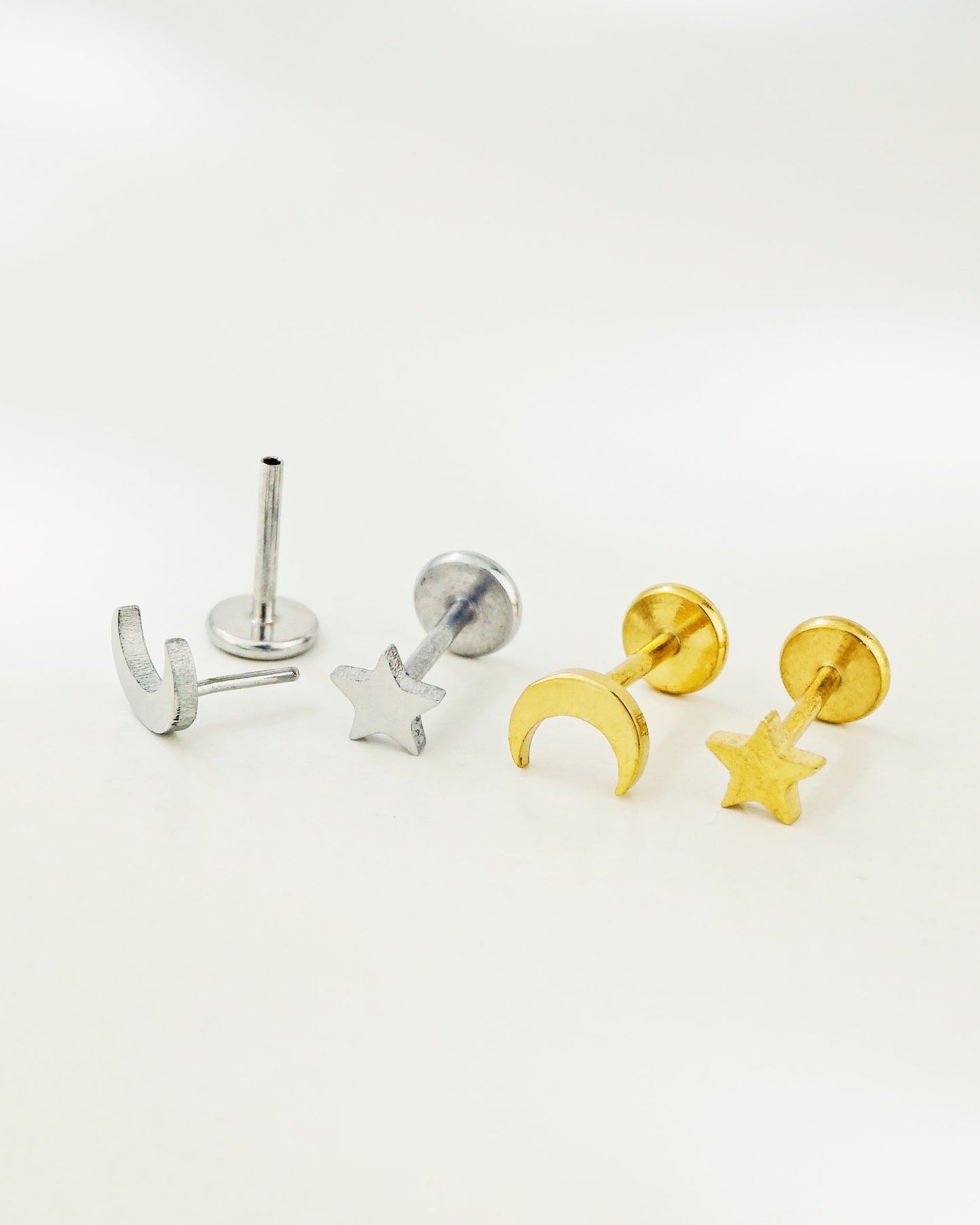 Pair of Stainless Steel Tiny Crescent Moon & Star Push-in Stud Earrings in Steel or Gold