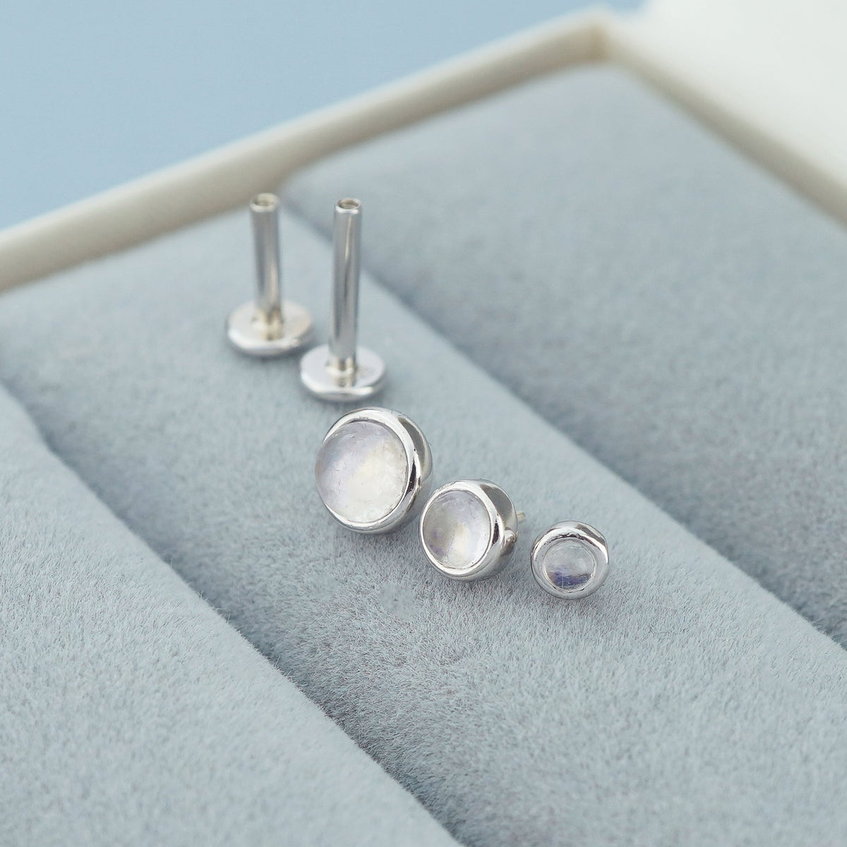 1 pc of Natural Moonstone Cabochon Stud Earring in White Gold Plated over Sterling Silver, Dainty 2/3/4mm Bezel Stone, Lobe Helix Tragus