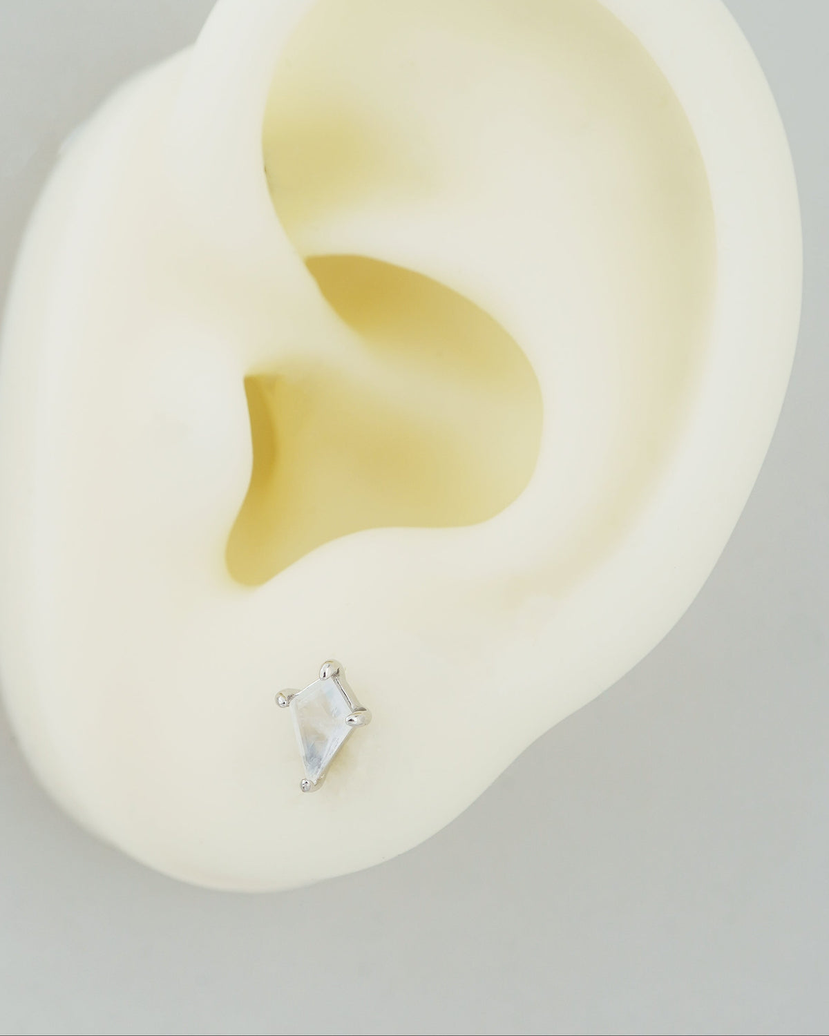 1 pc of Moonstone Stud Earring in White Gold Plated over Sterling Silver,  Marquise / Kite Shape Gemstone, Dainty Lobe Helix Tragus Jewelry