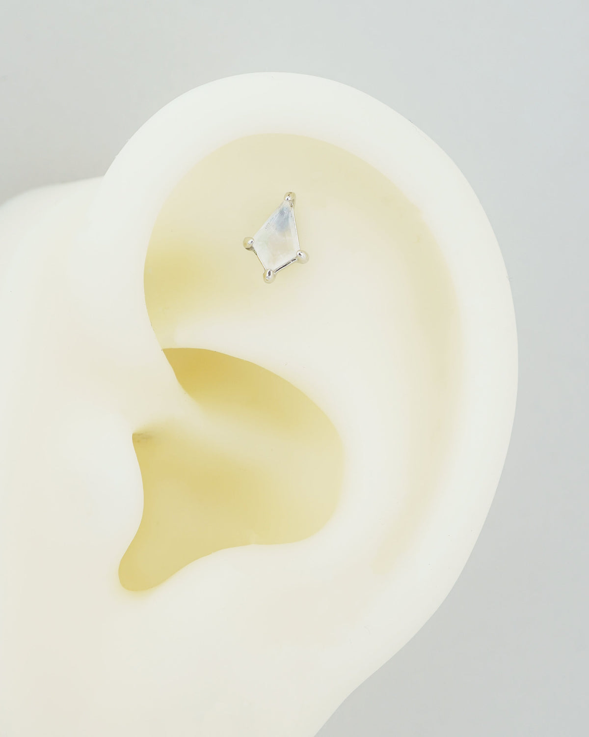 1 pc of Moonstone Stud Earring in White Gold Plated over Sterling Silver,  Marquise / Kite Shape Gemstone, Dainty Lobe Helix Tragus Jewelry