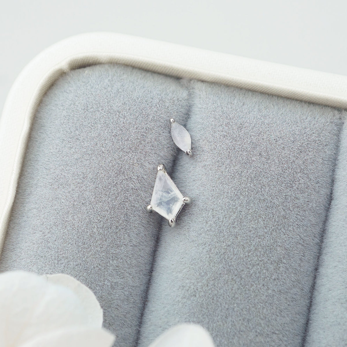 1 pc of Moonstone Stud Earring in White Gold Plated over Sterling Silver,  Marquise / Kite Shape Gemstone, Dainty Lobe Helix Tragus Jewelry