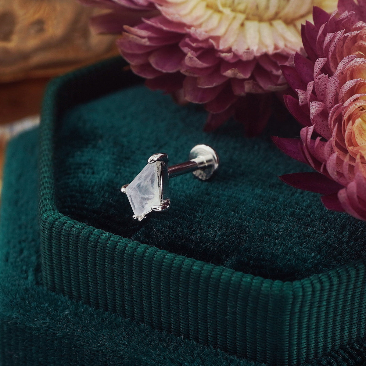 1 pc of Moonstone Stud Earring in White Gold Plated over Sterling Silver,  Marquise / Kite Shape Gemstone, Dainty Lobe Helix Tragus Jewelry