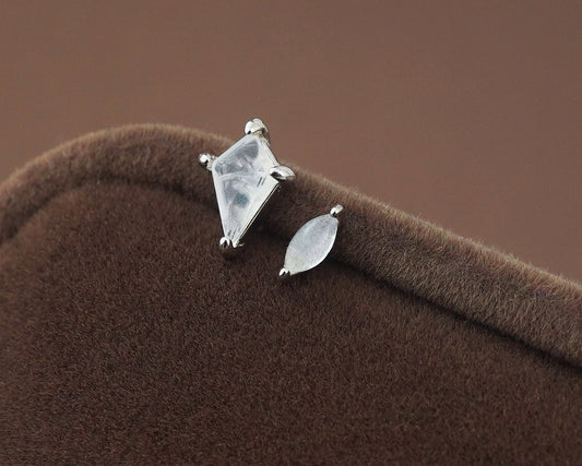1 pc of Moonstone Stud Earring in White Gold Plated over Sterling Silver,  Marquise / Kite Shape Gemstone, Dainty Lobe Helix Tragus Jewelry