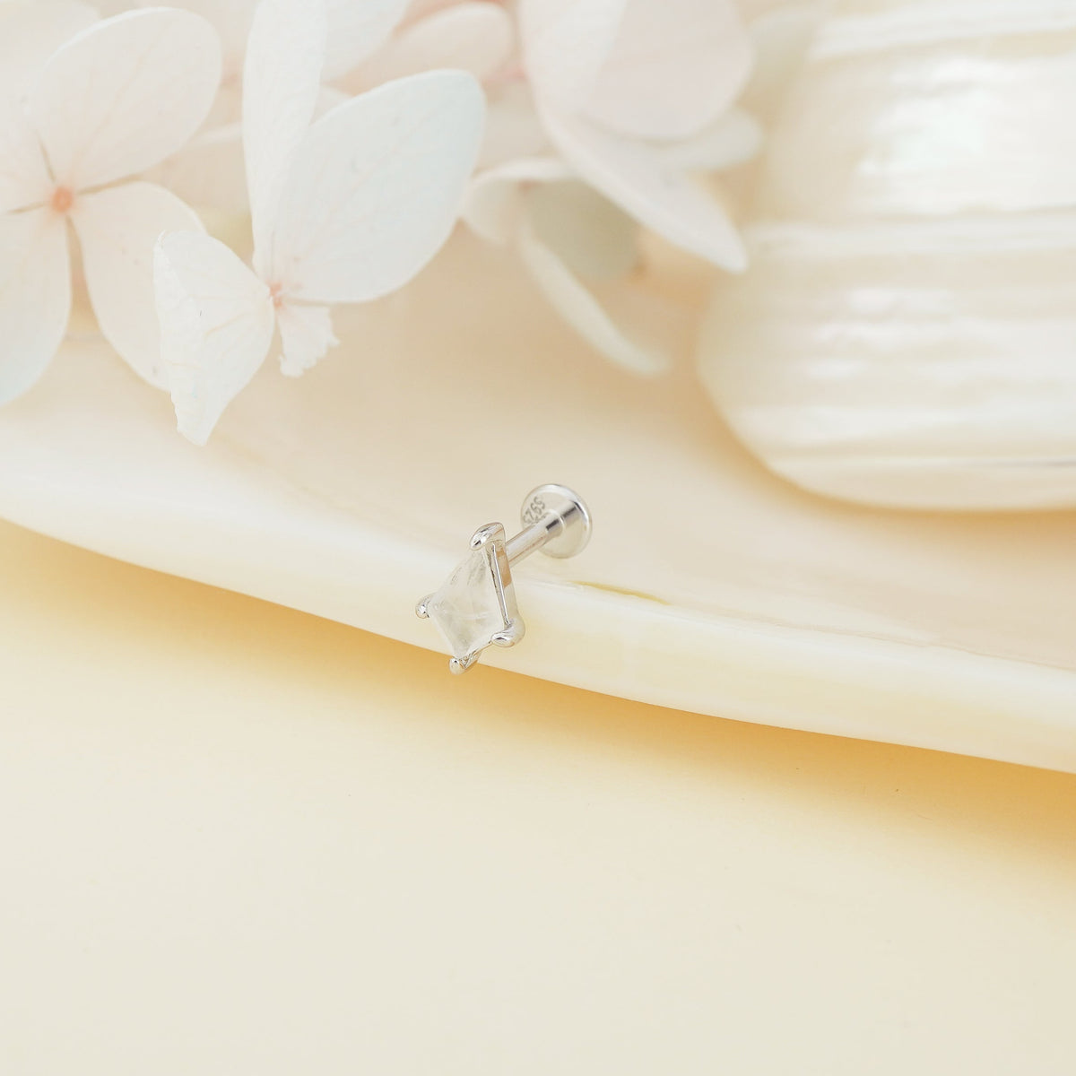 1 pc of Moonstone Stud Earring in White Gold Plated over Sterling Silver,  Marquise / Kite Shape Gemstone, Dainty Lobe Helix Tragus Jewelry