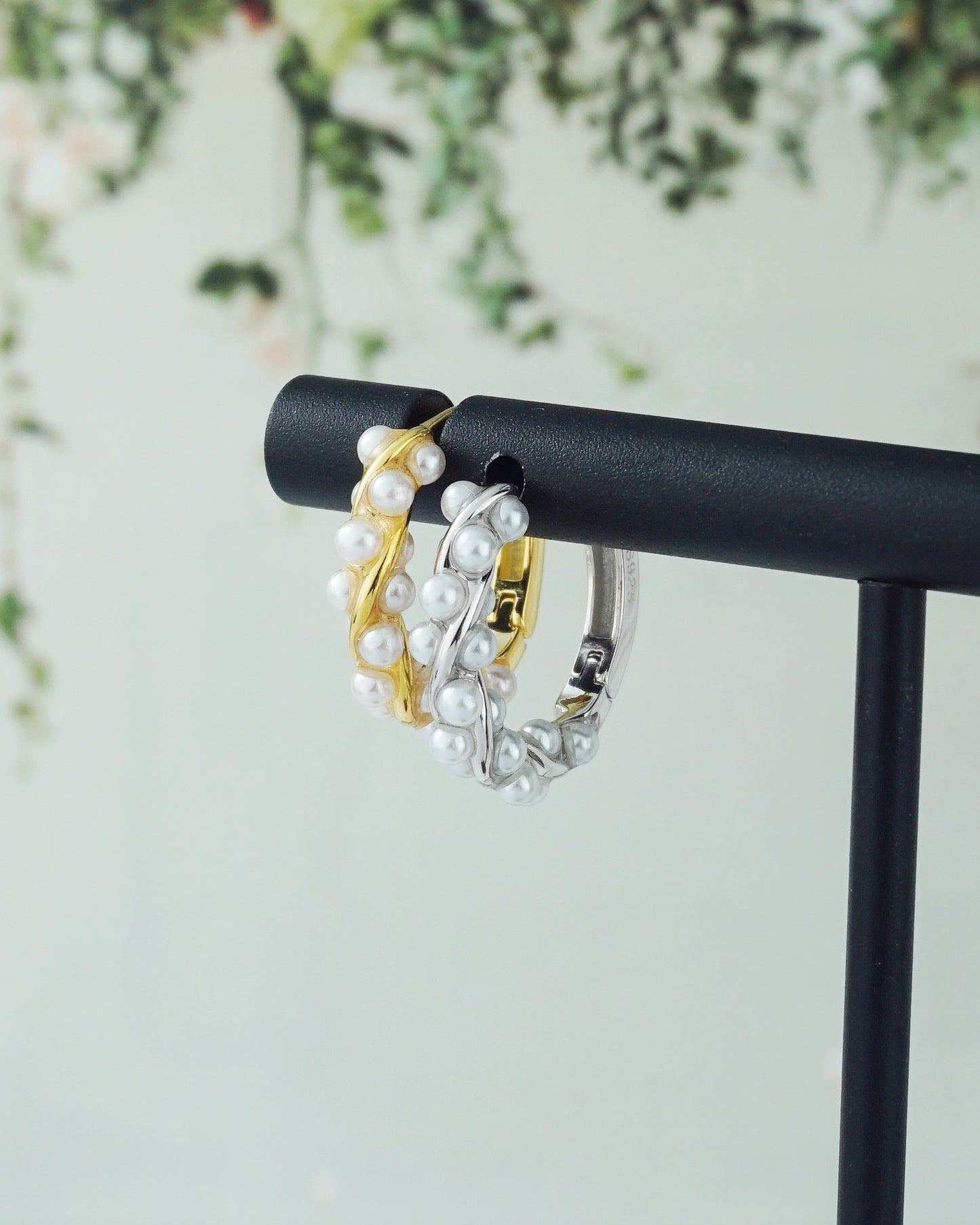 Pair of Elegant Pearl Hoop Earrings in Sterling Silver or Plated Gold | Paved Twisted Loop
