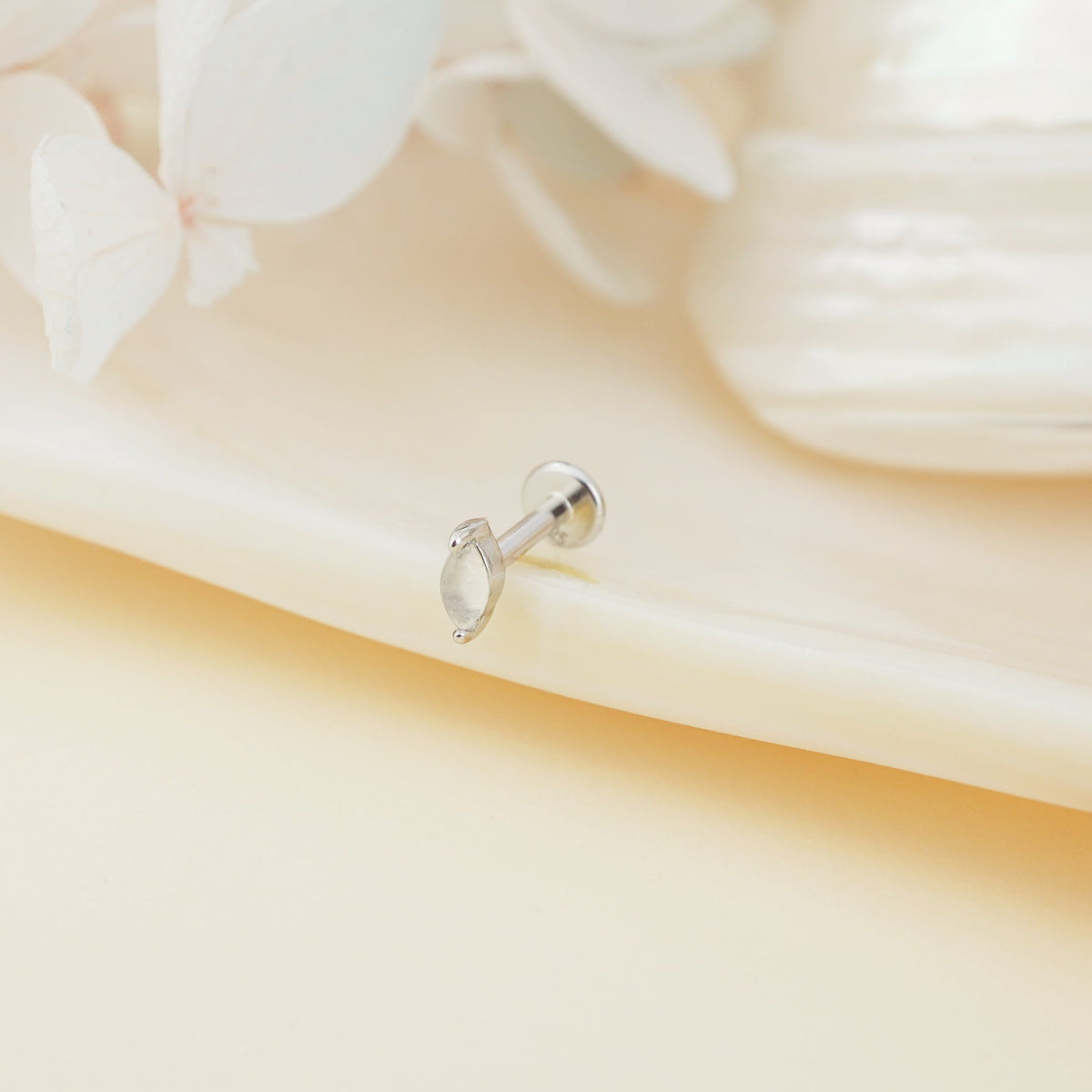1 pc of Moonstone Stud Earring in White Gold Plated over Sterling Silver,  Marquise / Kite Shape Gemstone, Dainty Lobe Helix Tragus Jewelry
