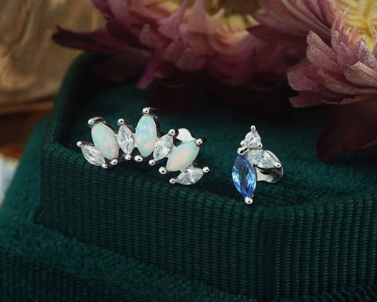 1 pc of Marquise Opal / Blue CZ Stud Earring in White Gold Plated over Sterling Silver, 16G Lobe Tragus Cartilage Piercing Jewelry