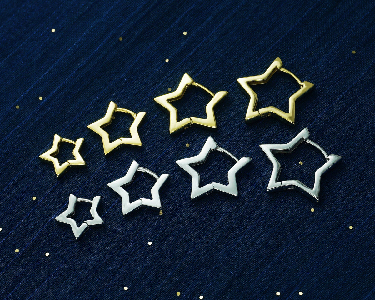 Pair of Brass Star Huggie Hoop Earrings in Silver or Gold Finish, 4 Loop Sizes Available