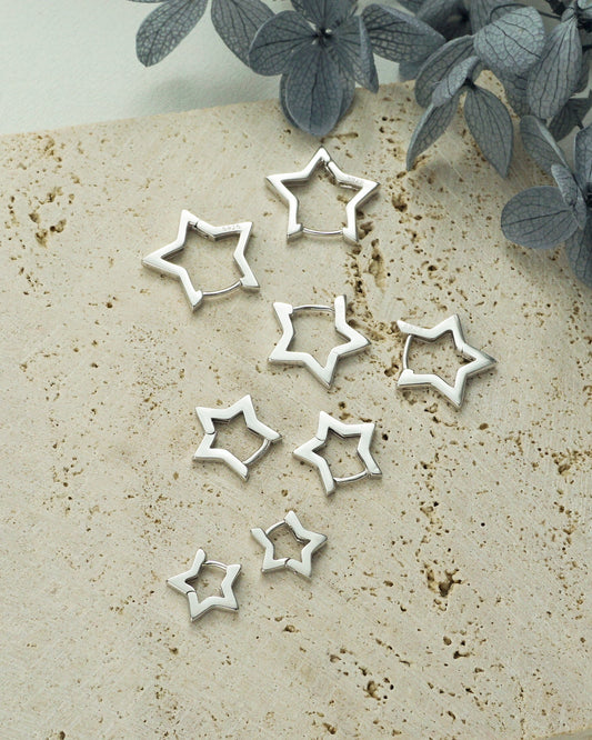 Pair of Star Huggie Hoop Earring in Sterling Silver or Plated Gold | 4 Loop Sizes Available