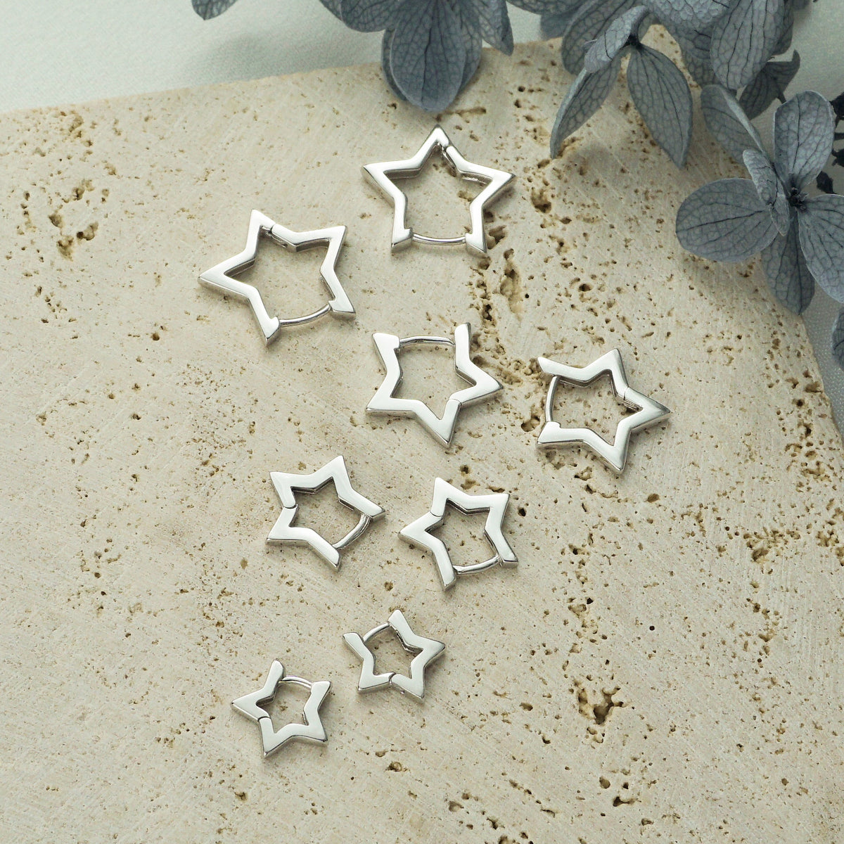 Pair of Brass Star Huggie Hoop Earrings in Silver or Gold Finish, 4 Loop Sizes Available