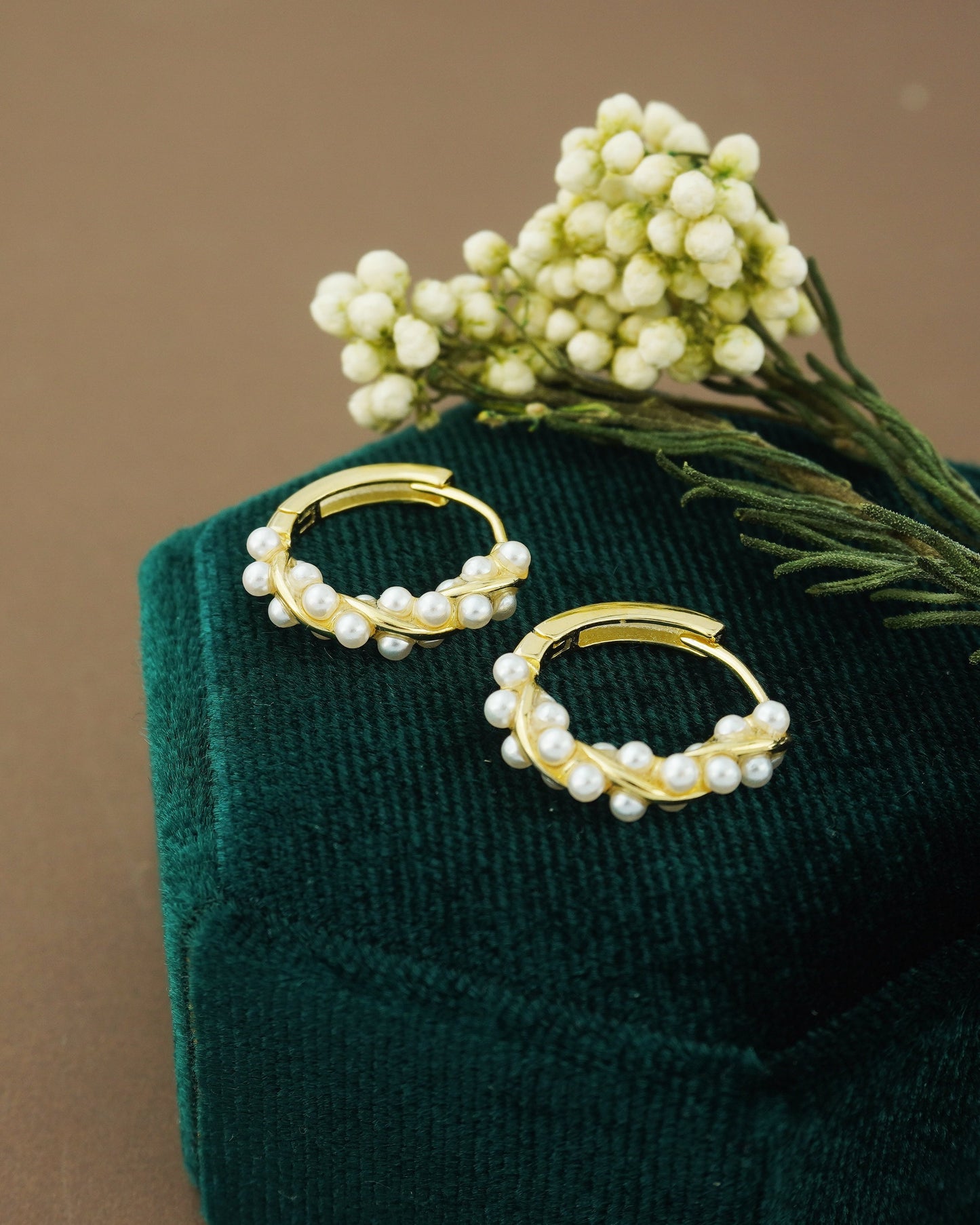 Pair of Elegant Pearl Hoop Earrings in Sterling Silver or Plated Gold | Paved Twisted Loop