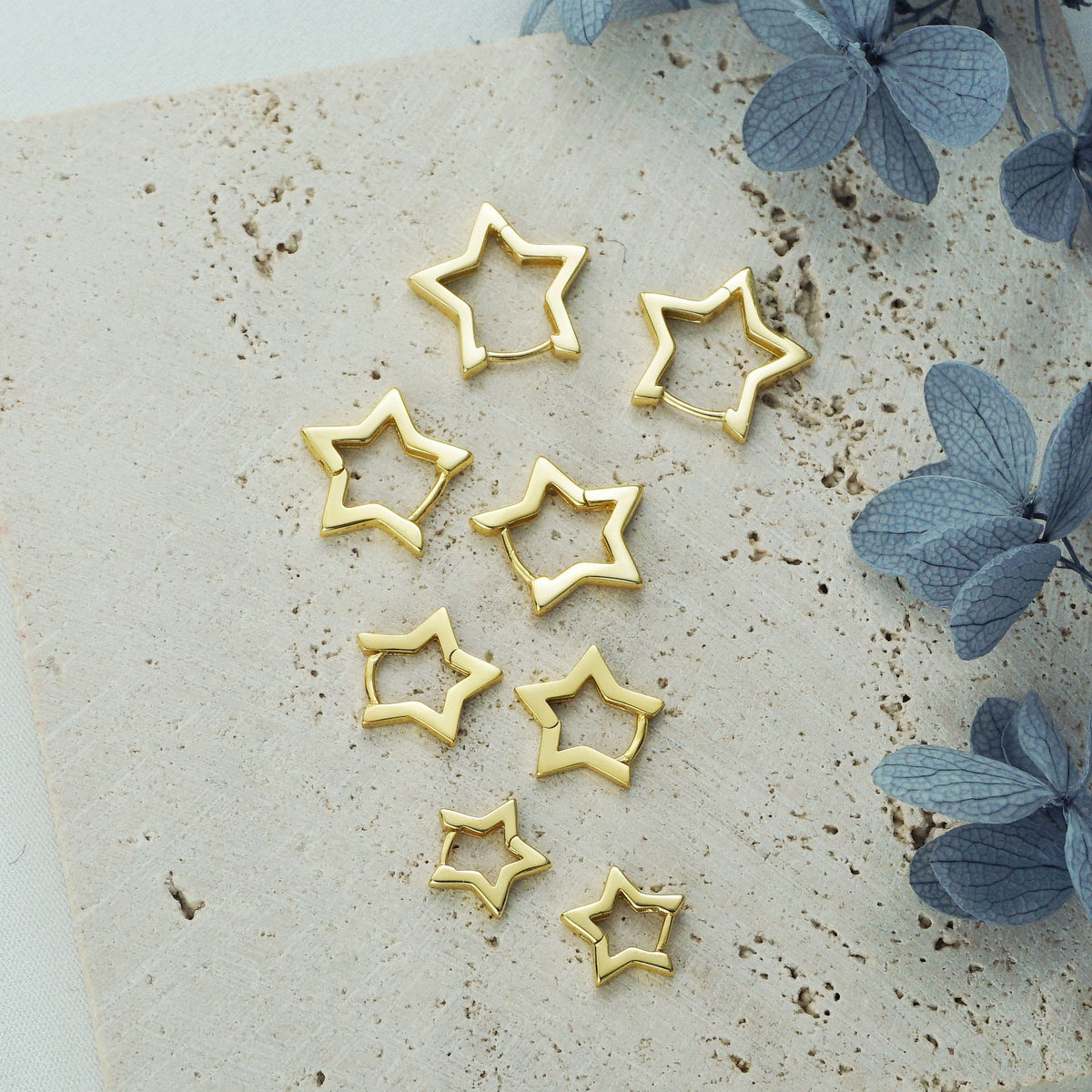 Pair of Brass Star Huggie Hoop Earrings in Silver or Gold Finish, 4 Loop Sizes Available