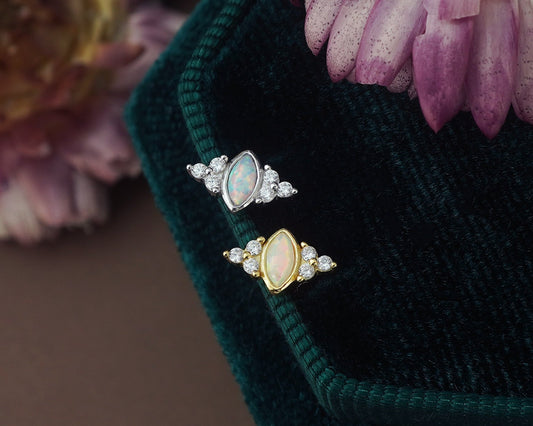 1 pc of Marquise Opal Stud Earring with Sparkly CZ Gem in White Gold / 18ct Gold Plated over Sterling Silver, Lobe Tragus Cartilage Piercing Jewelry