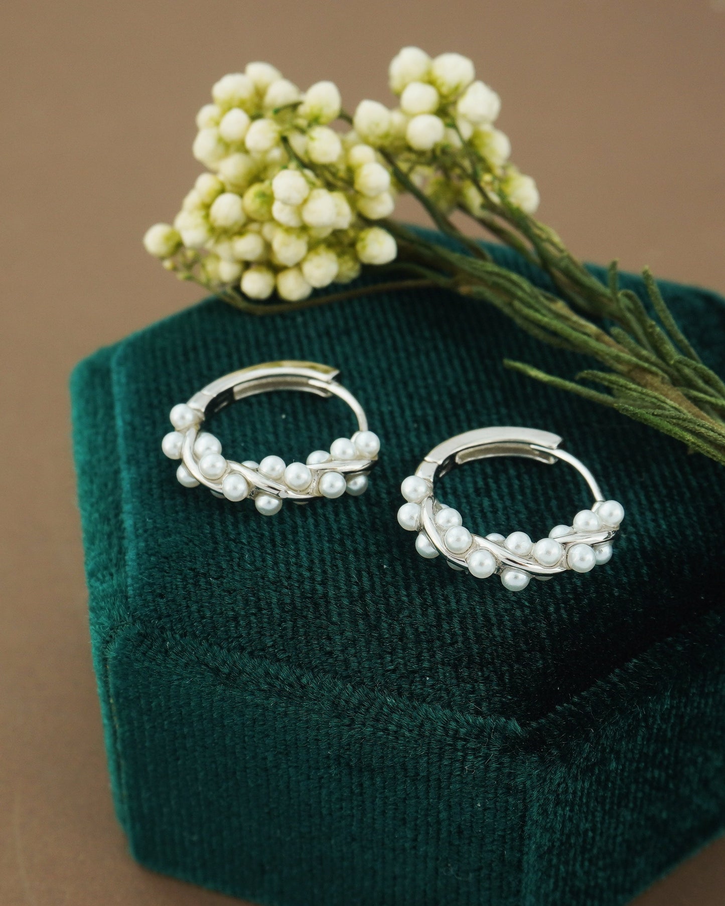 Pair of Elegant Pearl Hoop Earrings in Sterling Silver or Plated Gold | Paved Twisted Loop