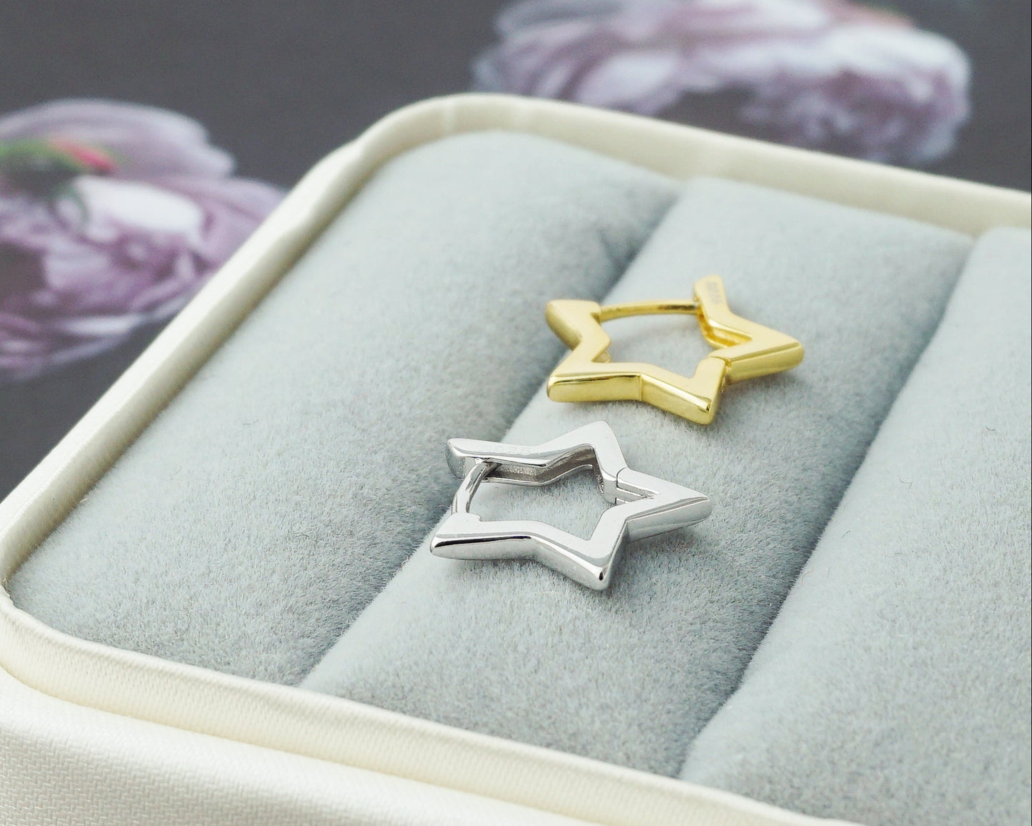 Pair of Star Huggie Hoop Earring in Sterling Silver or Plated Gold | 4 Loop Sizes Available