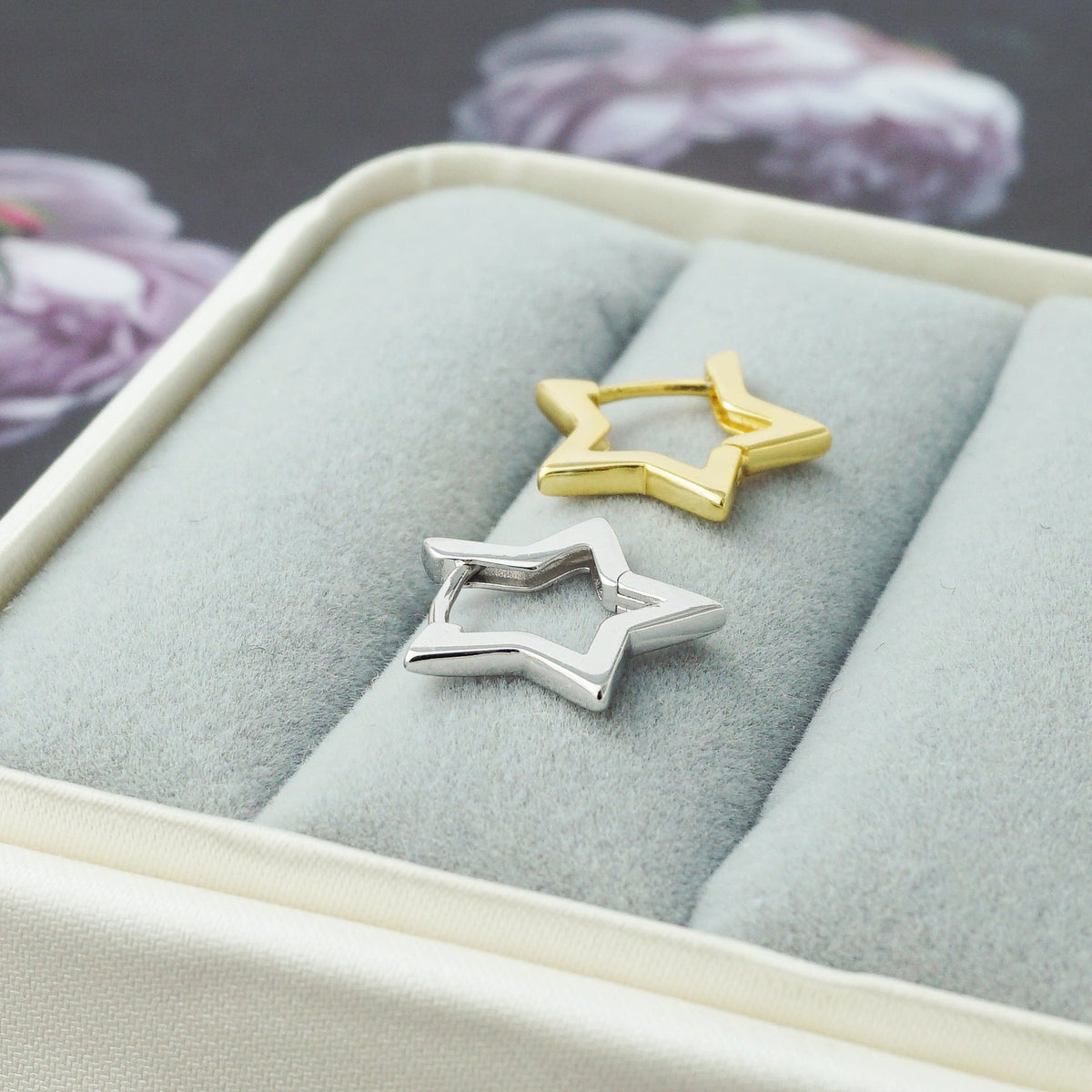 Pair of Brass Star Huggie Hoop Earrings in Silver or Gold Finish, 4 Loop Sizes Available