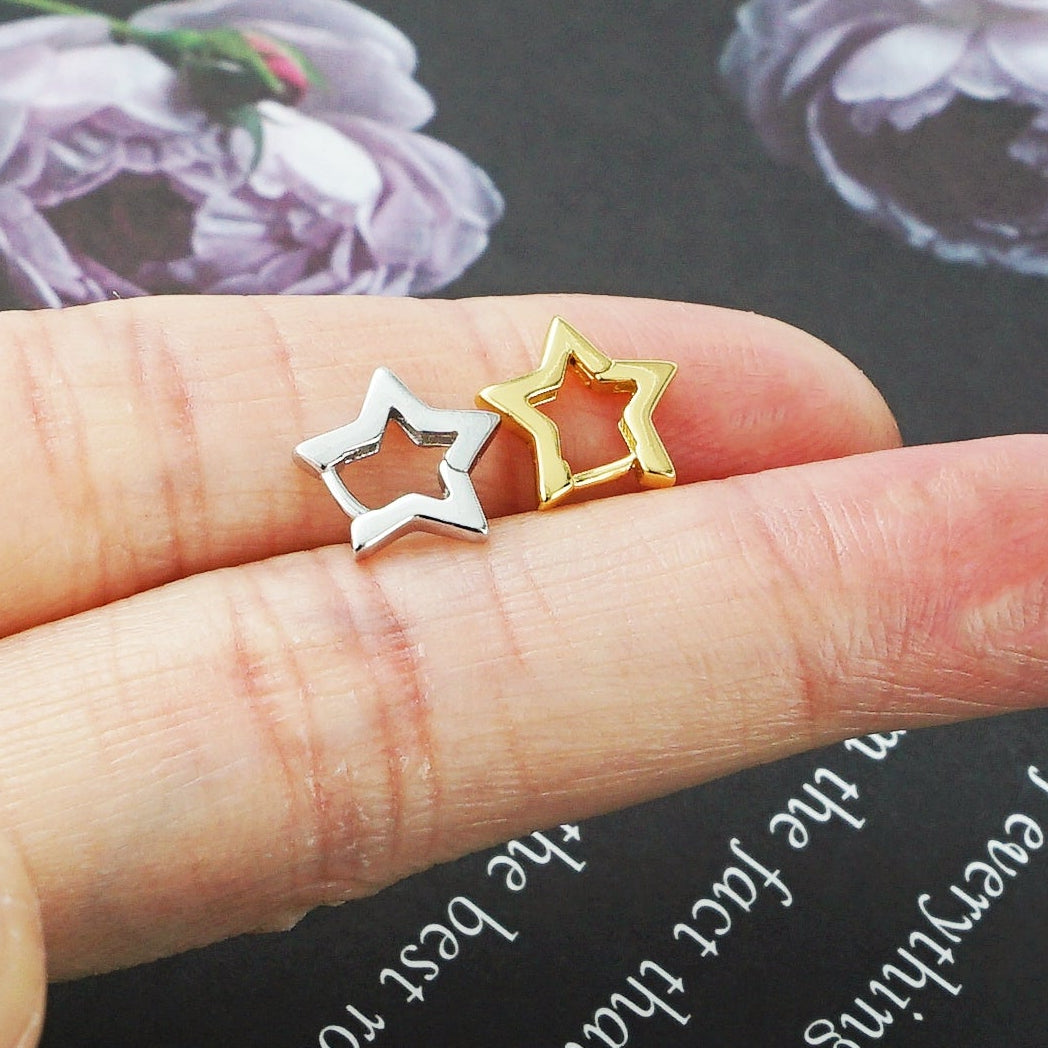 Pair of Brass Star Huggie Hoop Earrings in Silver or Gold Finish, 4 Loop Sizes Available