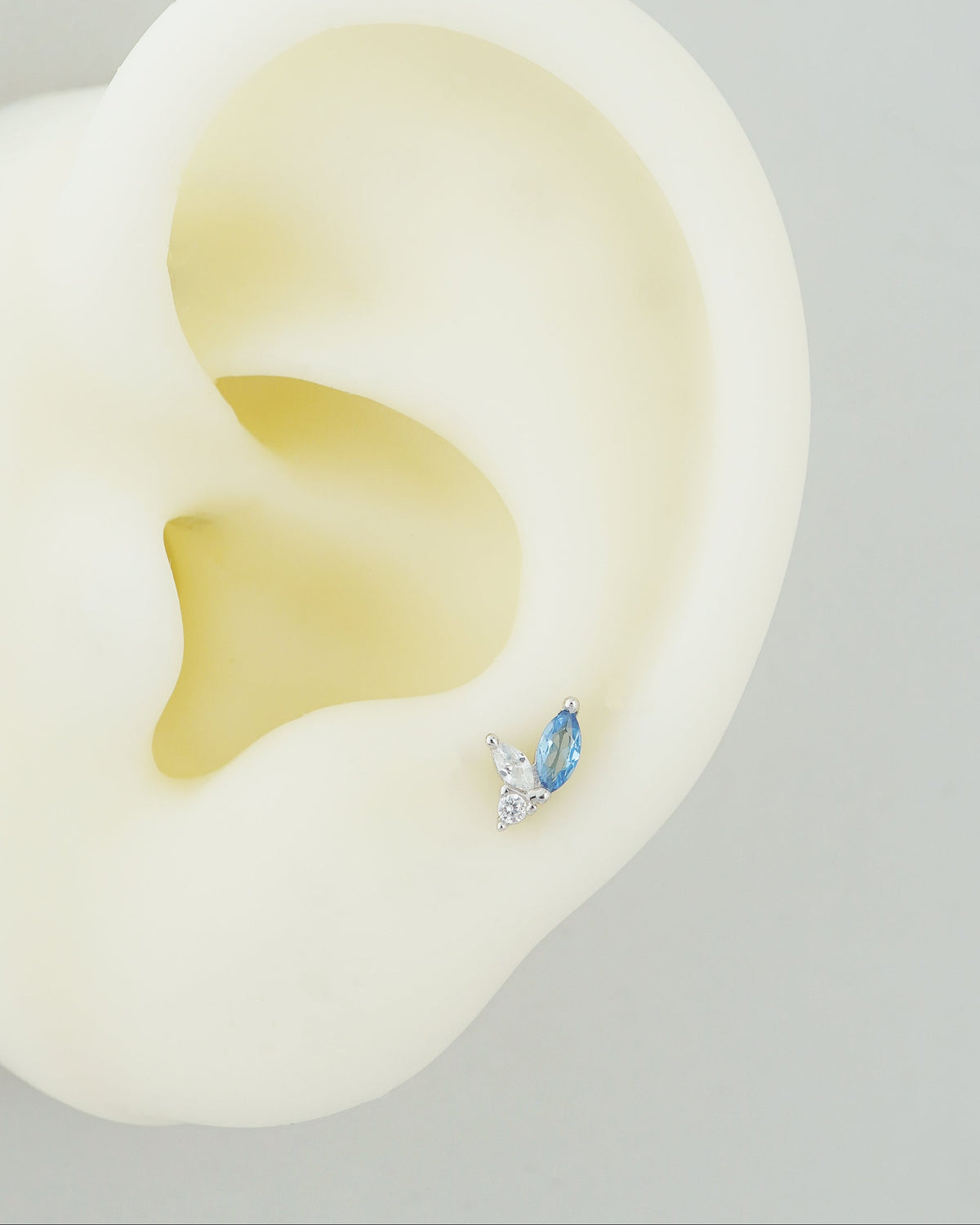 1 pc of Marquise Opal / Blue CZ Stud Earring in White Gold Plated over Sterling Silver, 16G Lobe Tragus Cartilage Piercing Jewelry